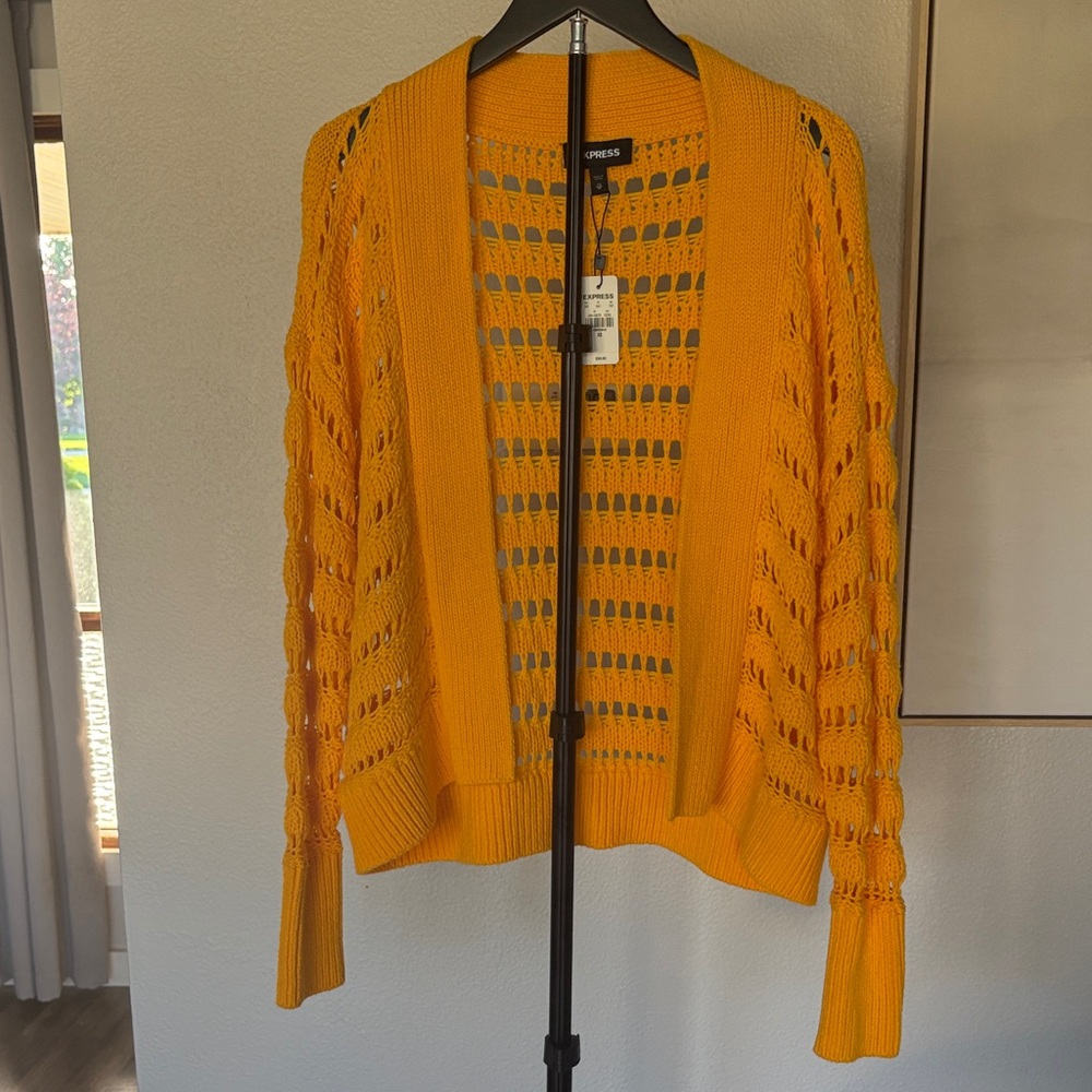 Express Open-Weave Cardigan Sweater - Mustard